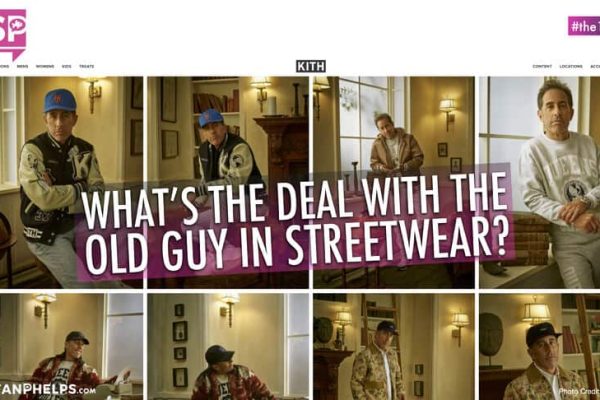 Image collage featuring an older man in streetwear clothing, posing in various relaxed stances inside a room with wooden furniture and a large window. Text overlay reads, "What's the deal with the old guy in streetwear?.